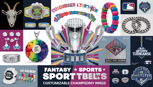 A vibrant display of fantasy sports trophies, customizable championship belts, celebratory rings, and colorful turnover chains, featuring a blinged-out GOAT head pendant and MLB merchandise.