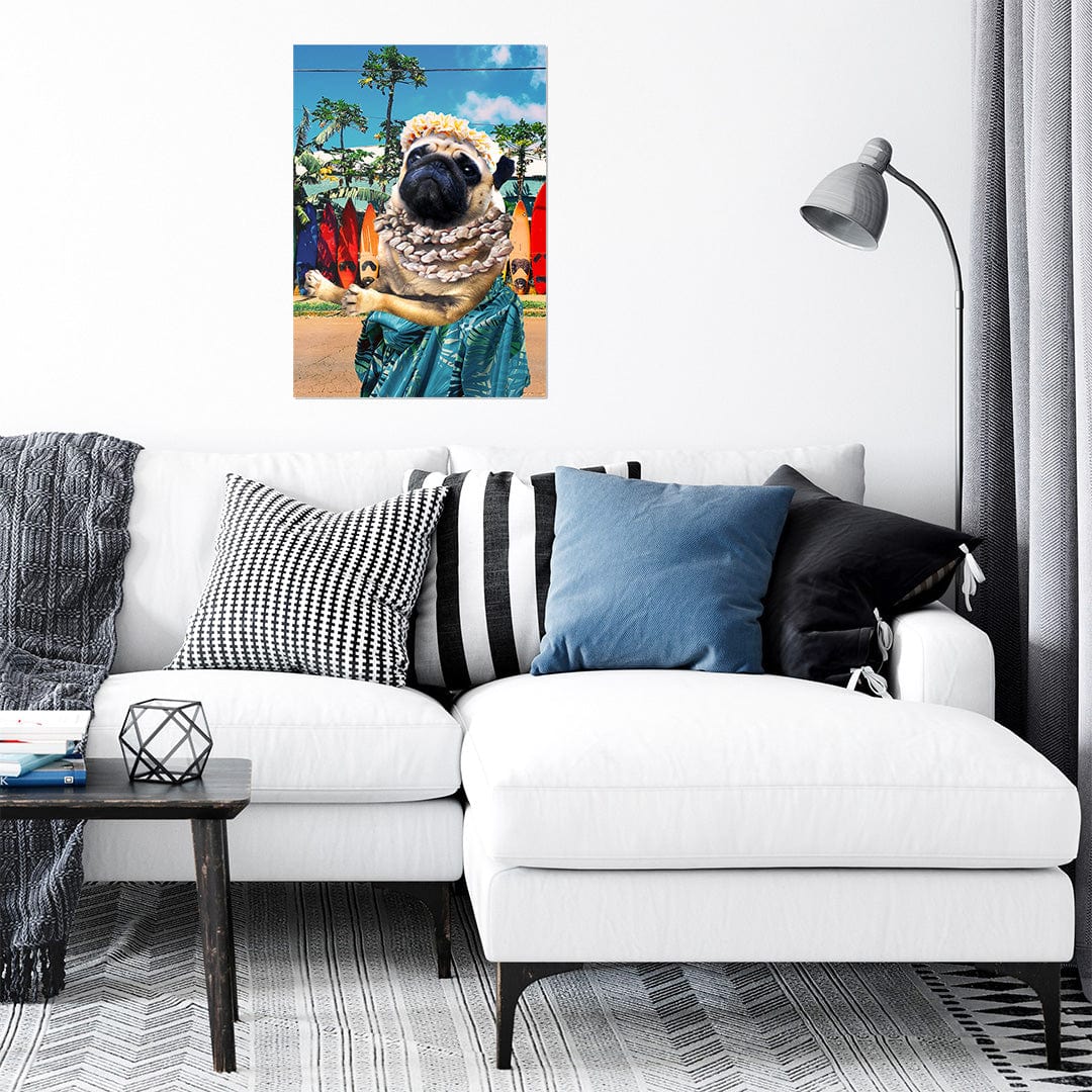 trophysmack aloha pug metal wall art showcasing a cute pug in a tropical setting