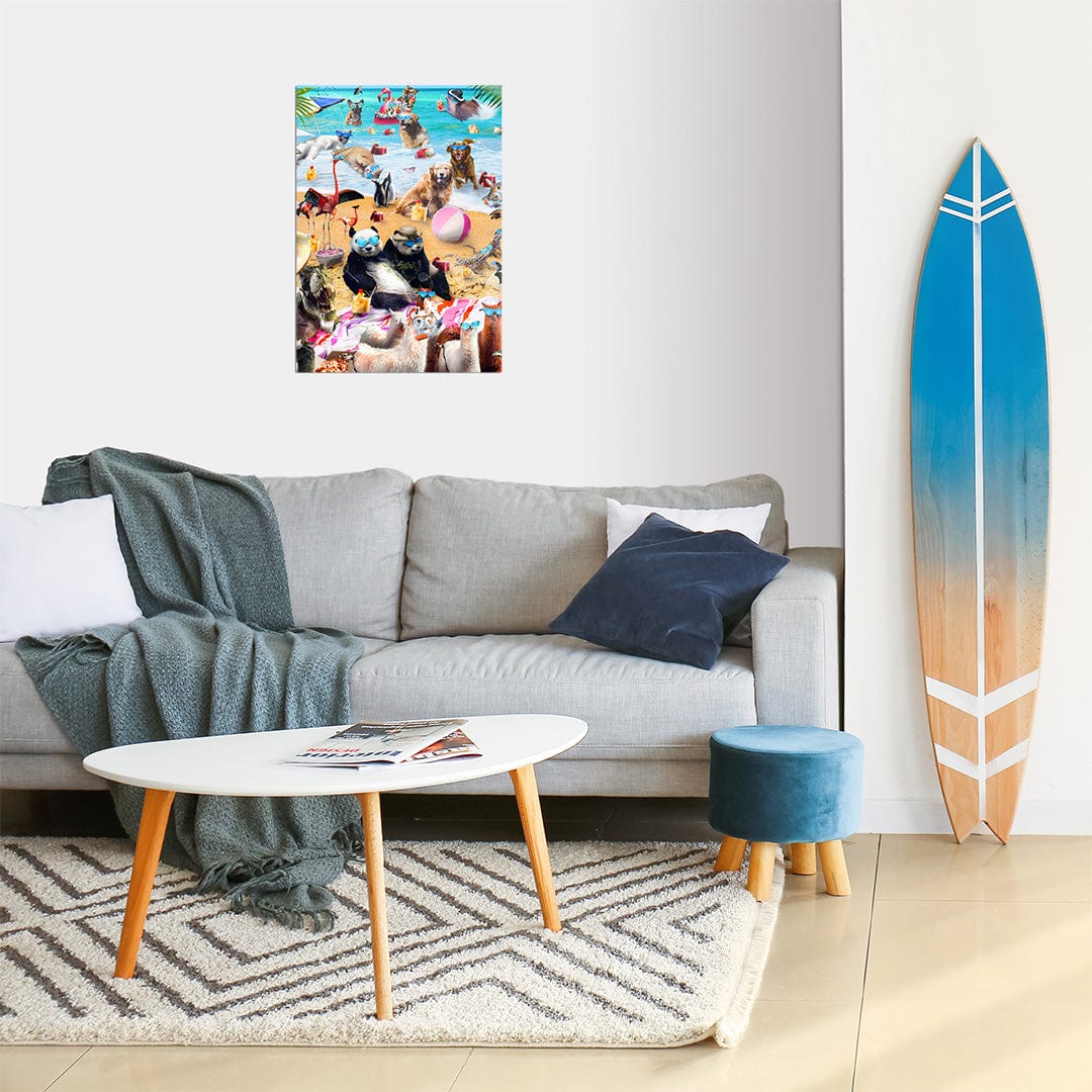 trophysmack beach party metal wall art depicting a lively beach scene