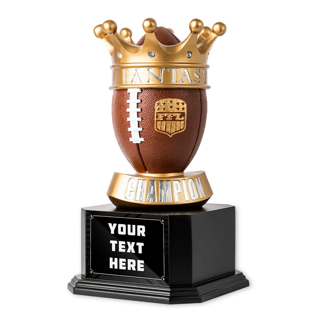 Custom square base fantasy football trophy with football figure topper and customizable plates for league champions