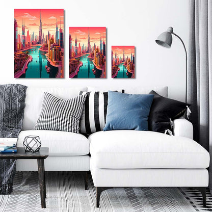 trophysmack dubai river sunset skyscrapers metal wall art featuring a sunset view of Dubai's skyline