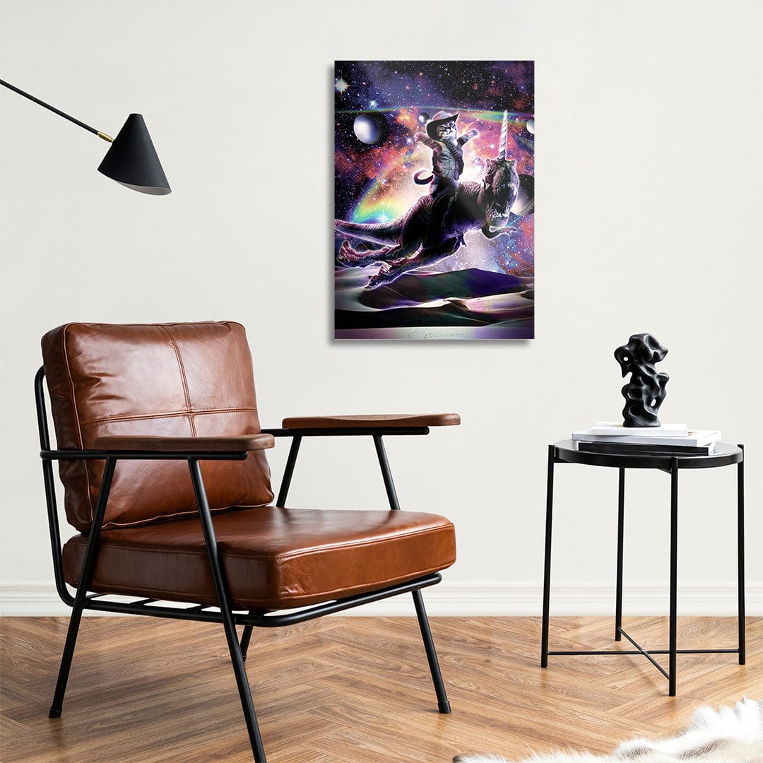 TrophySmack Galaxy Cat on Dinosaur Unicorn in Space - Metal Wall Art