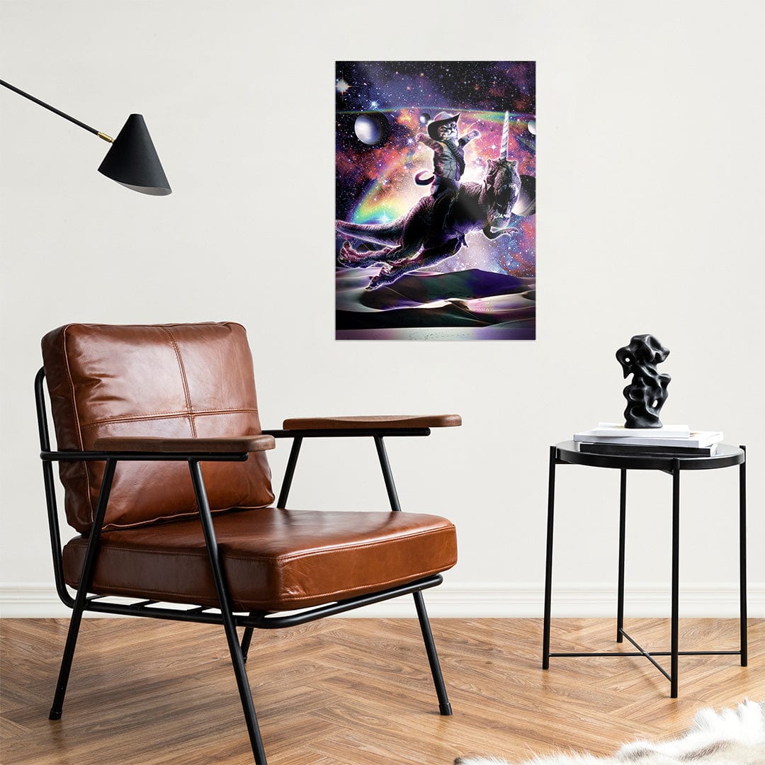 TrophySmack Galaxy Cat on Dinosaur Unicorn in Space - Metal Wall Art