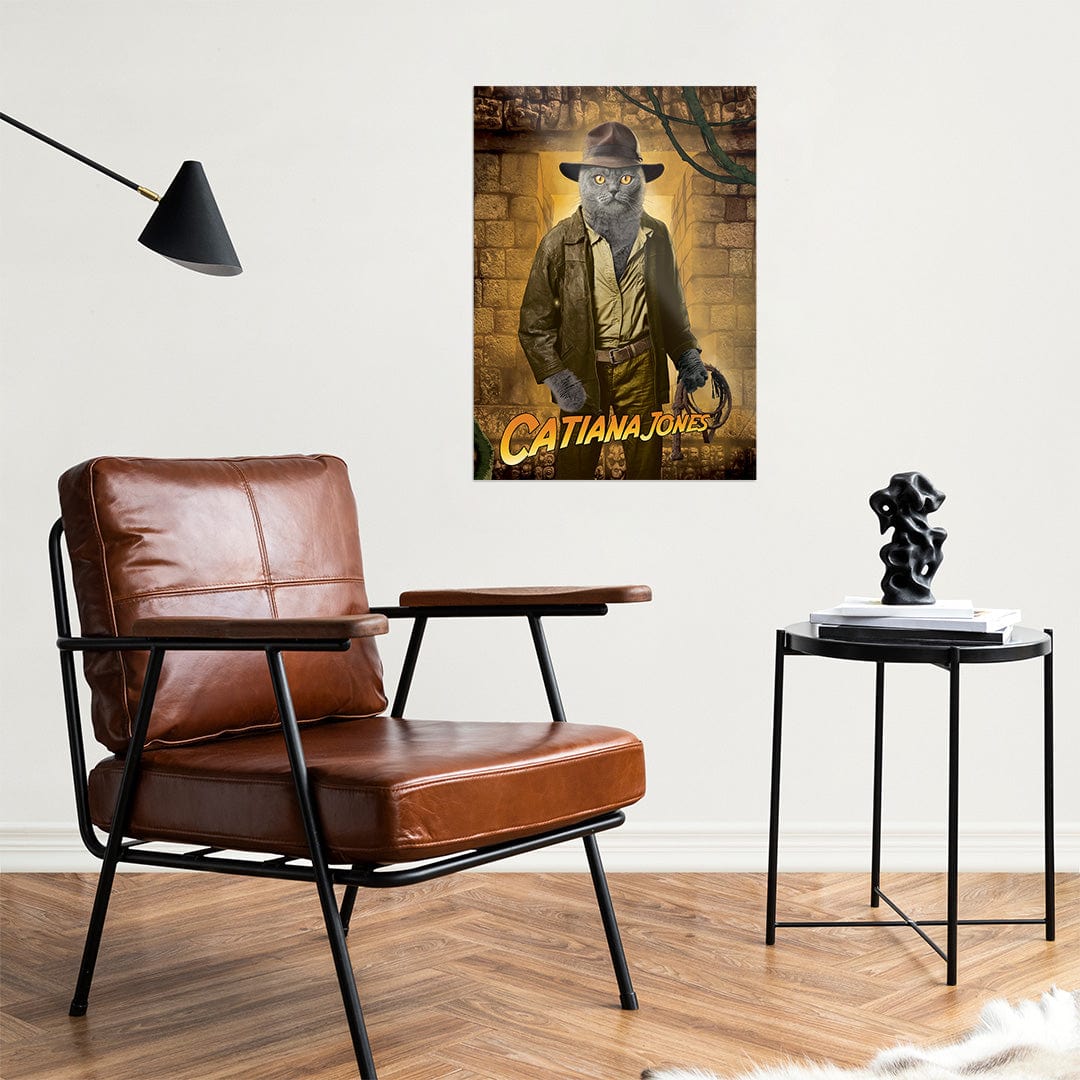 indiana jones cat metal wall art showcasing a cat in an adventurous archaeologist theme