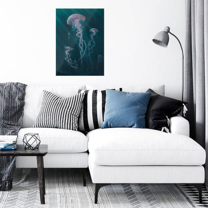 trophysmack jellyfish in the deep metal wall art featuring colorful jellyfish in deep water