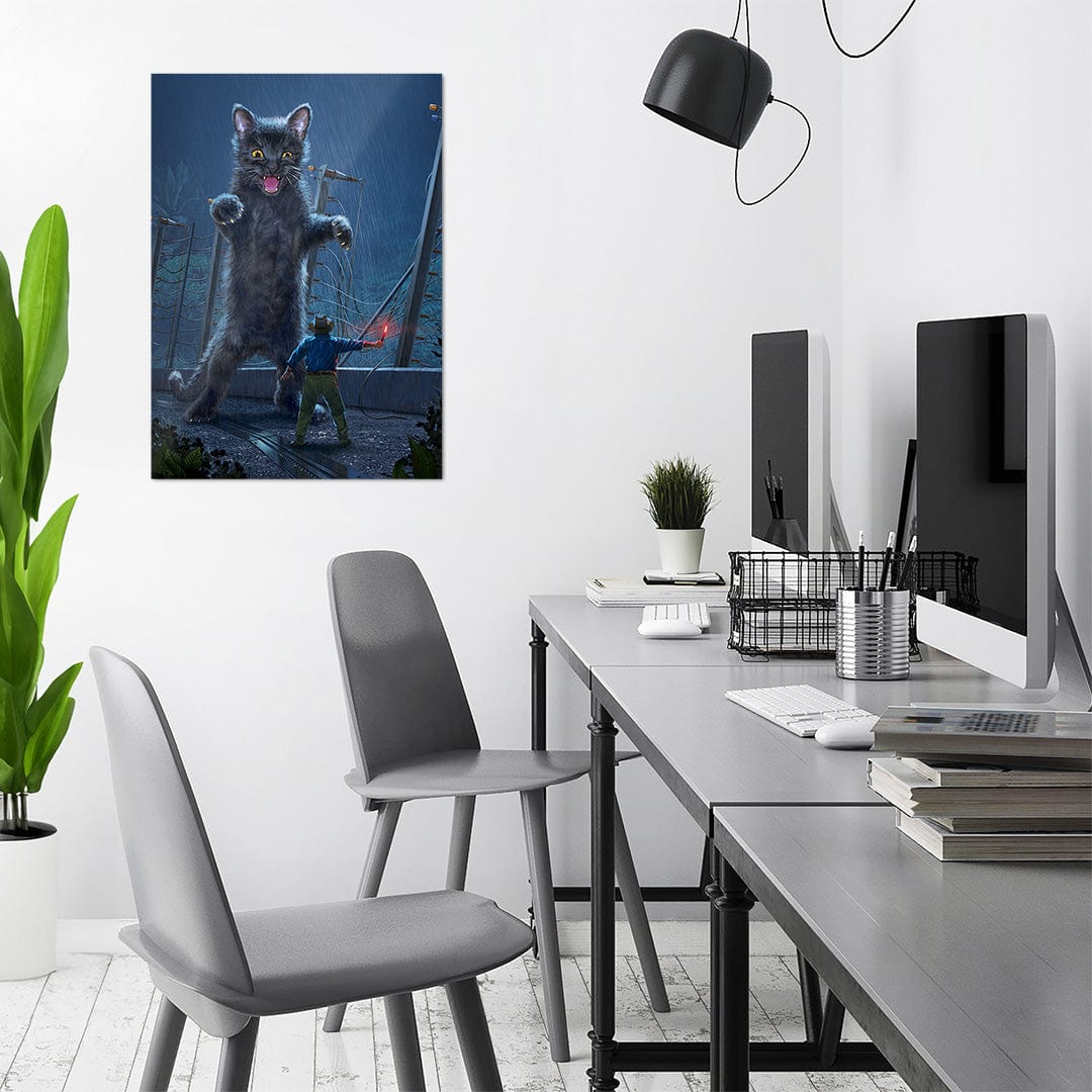 jurassic kitty metal wall art showcasing a cat with a dinosaur theme