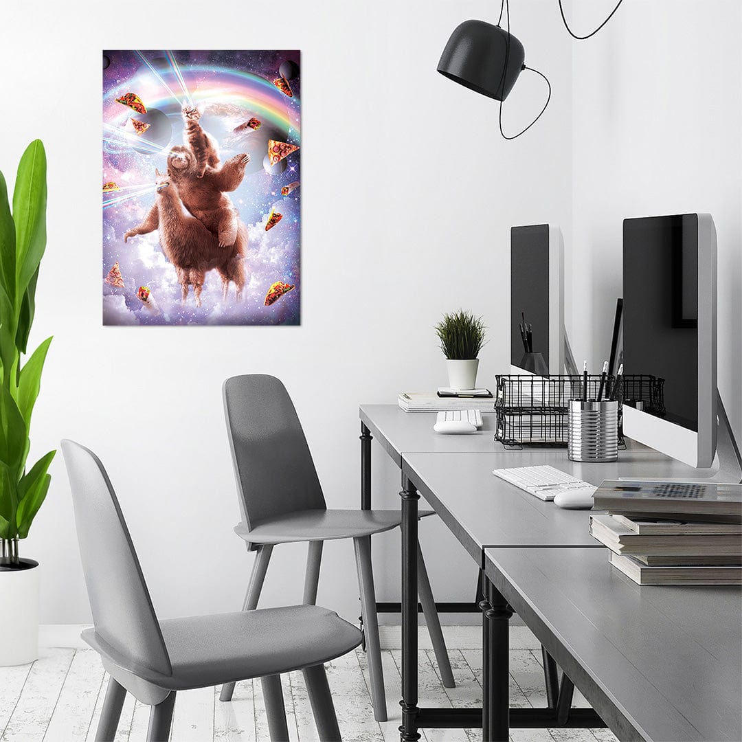 TrophySmack Laser Eyes Space Cat Riding Sloth Llama Rainbow - Metal Wall Art