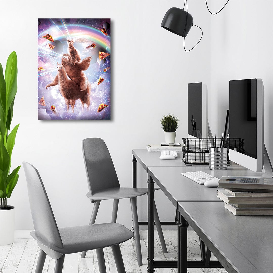 TrophySmack Laser Eyes Space Cat Riding Sloth Llama Rainbow - Metal Wall Art