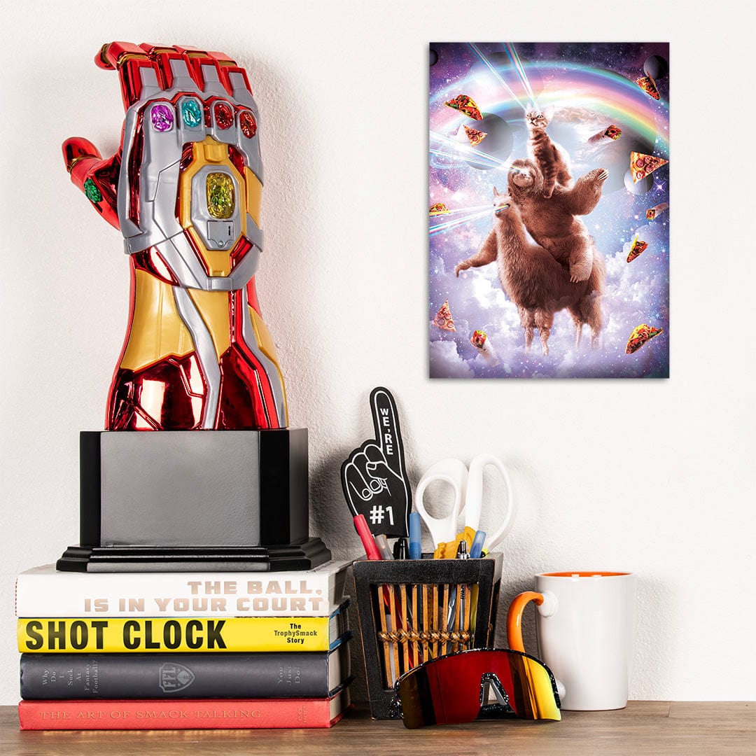 TrophySmack Laser Eyes Space Cat Riding Sloth Llama Rainbow - Metal Wall Art