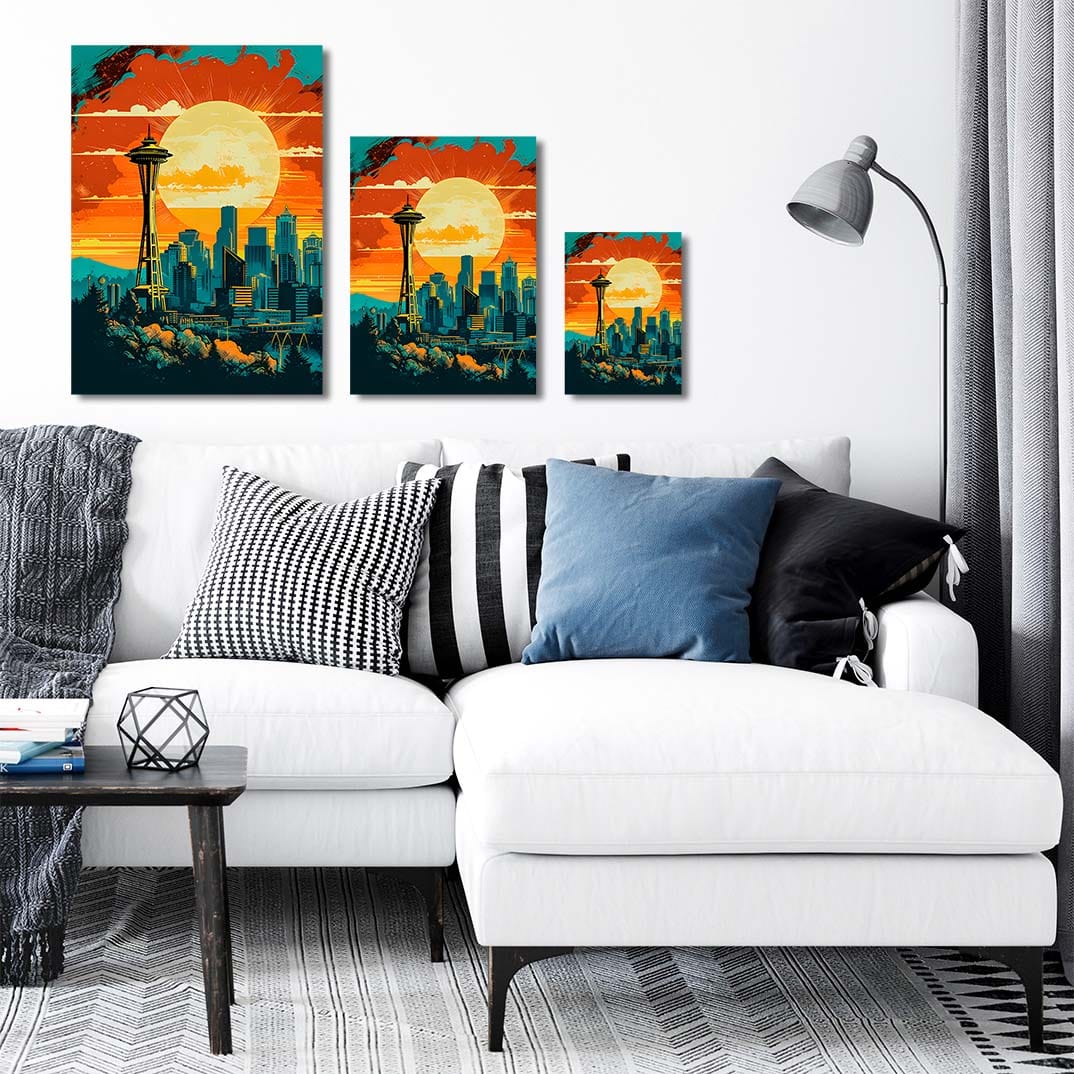 trophysmack seattle skyline sunset metal wall art showcasing Seattle's skyline at sunset